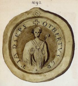 Biskop Otbert av Lièges sigill från 1092 med personal och biskoplig auktoritet