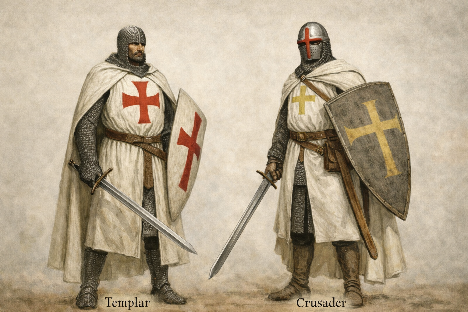 on the left a Templar in combat gear with a red cross, on the right with a yellow cross.