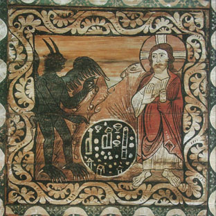 Middeleeuwse afbeelding van Jezus en de duivel in de woestijn, symbool voor de beproeving tijdens de veertig dagen voorbereiding op Pasen