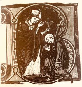 Middeleeuwse miniatuur van een bisschop die het kruis overhandigt aan een knielende kruisridder tijdens de kruisgelofte