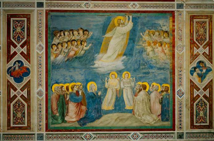 Middeleeuwse fresco van de Hemelvaart van Christus met engelen en apostelen