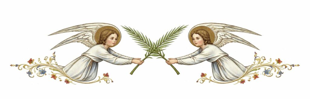 Middeleeuwse illustratie van twee engelen die palmtakken vasthouden en elkaar laten raken als symbool voor Palmzondag en de overgang van de woestijn naar Jeruzalem