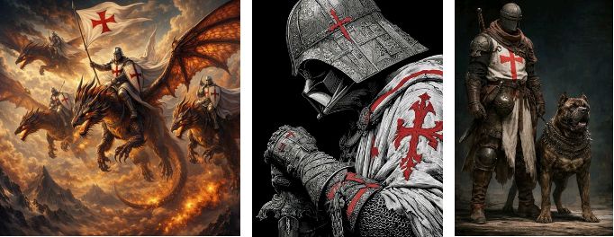 fantasi, triptyk – Tempelriddare med drakar – Darth Vader – farliga hundar