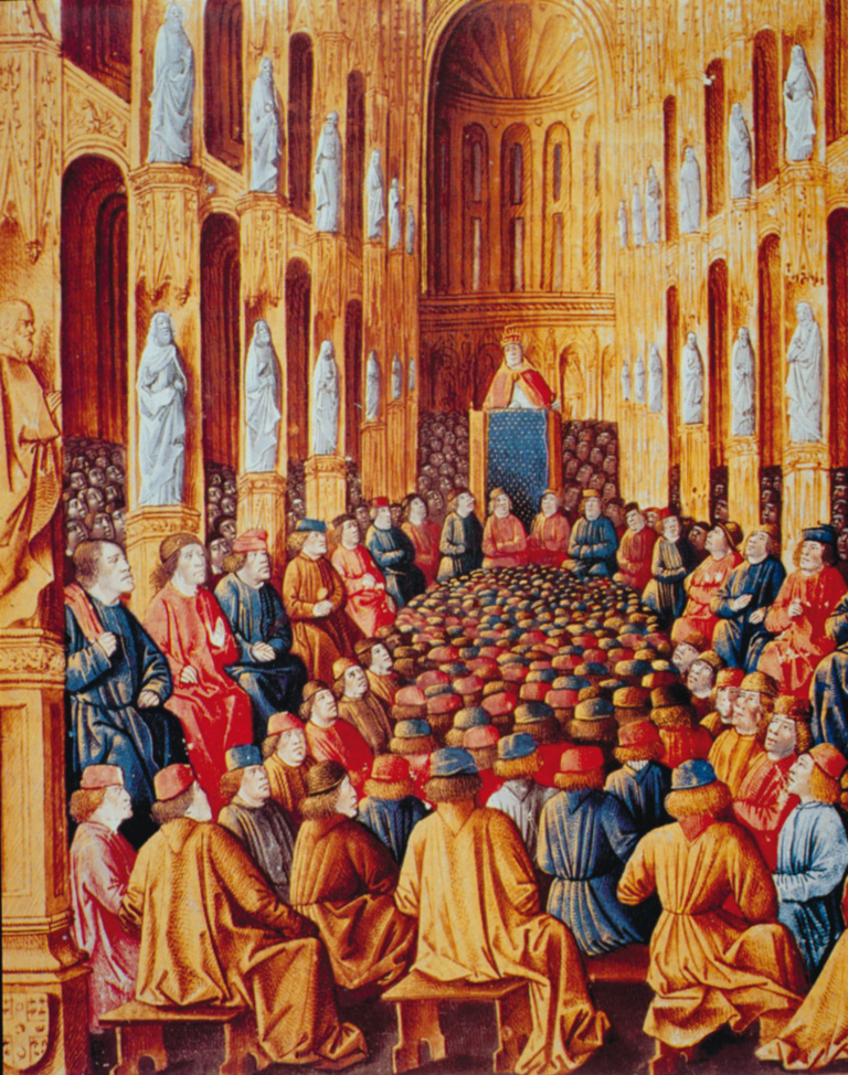 Medeltida avbildning av kyrkomötet i Clermont inuti en katedral med påven Urban II