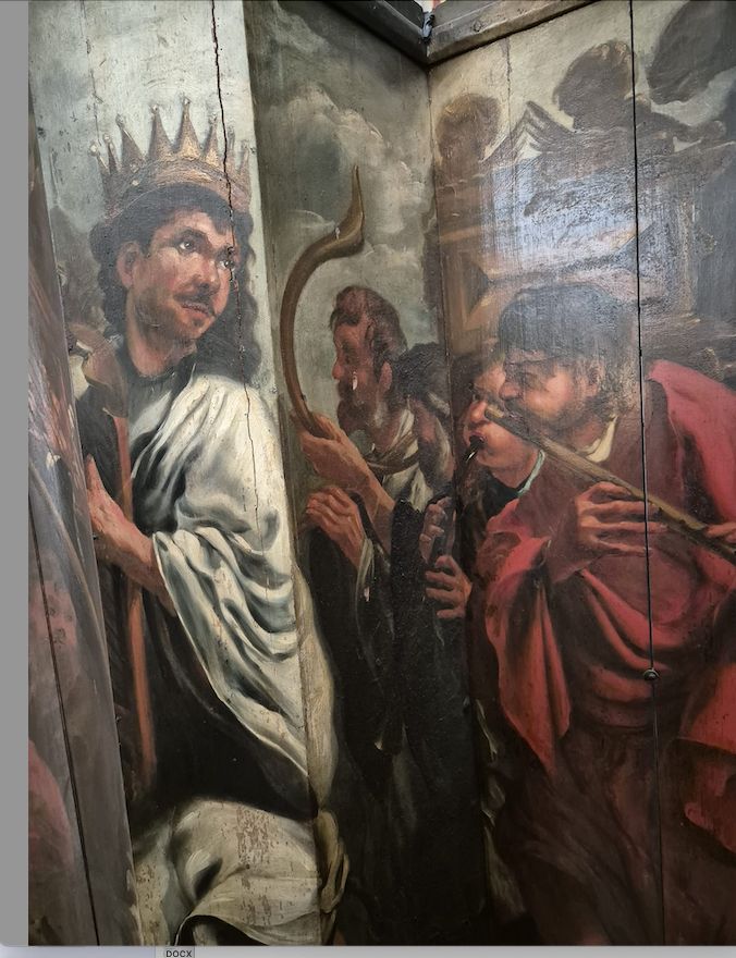 Detail van een beschilderd orgelluik van het rugwerk, met David in triomf, omringd door omstanders en muzikanten na de overwinning op Goliath.