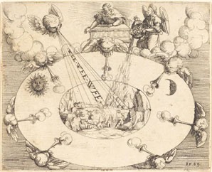 Allegorical engraving of the cosmos with angels, sun and moon influencing the world