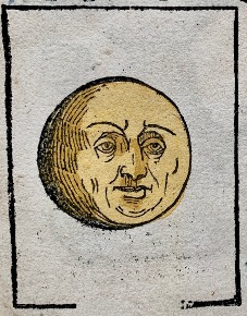 Middeleeuwse illustratie (incunabele) van een gezicht in de maan, gebruikt als symbool voor tijd, kalender en de berekening van Pasen