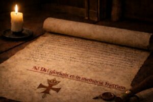 uitgerold perkament met Tempelierskruis bij kaarslicht