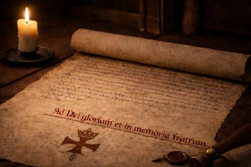 uitgerold perkament met Tempelierskruis bij kaarslicht