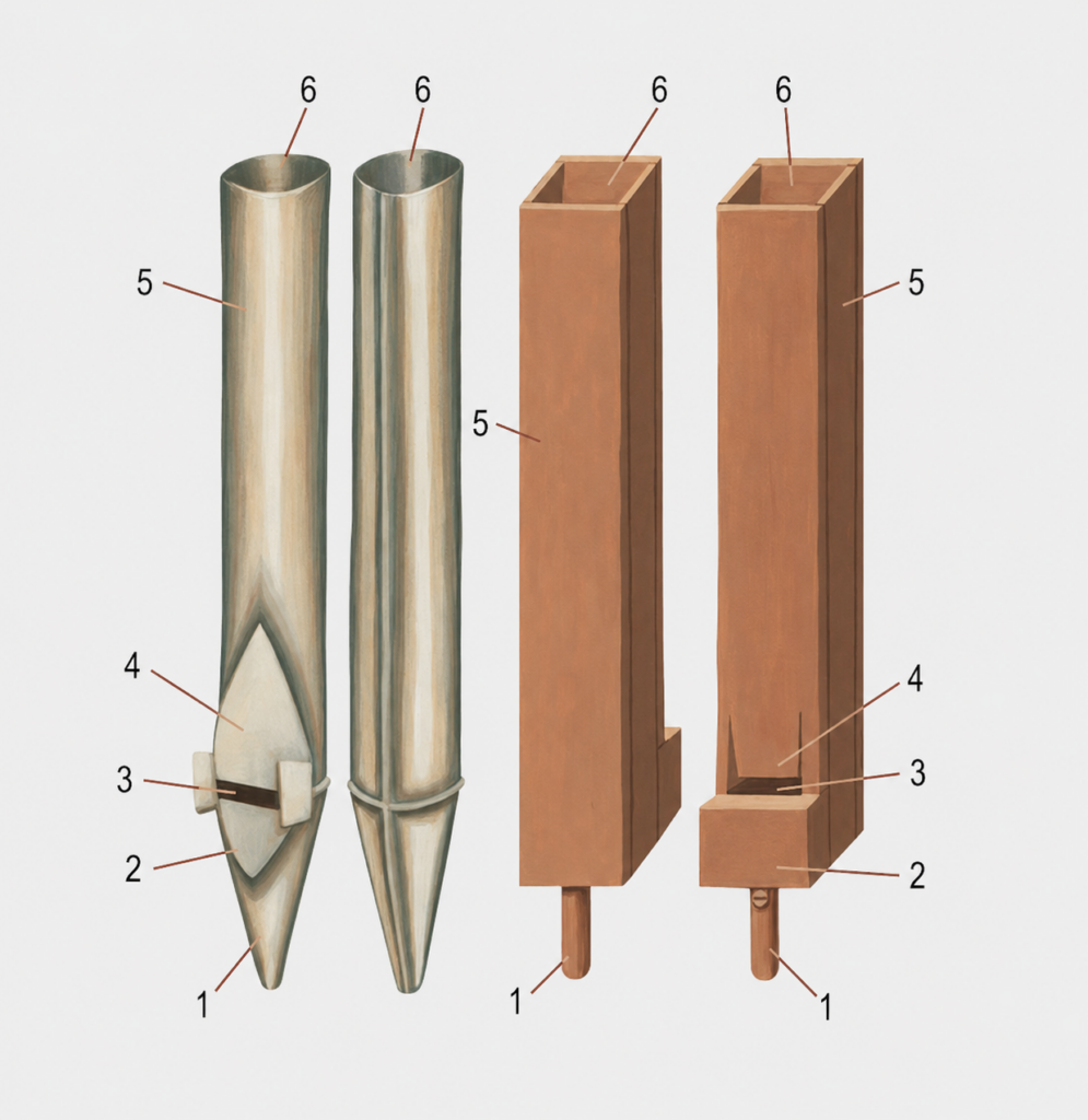 Technisch schema van metalen en houten orgelpijpen, met genummerde onderdelen zoals voet, onderlabium, opsnede, bovenlabium, lichaam en monding.