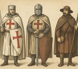 Illustratie van een Tempelier, een kruisridder en een pelgrim naast elkaar, gekleed in middeleeuwse kleding met respectievelijk mantel met kruis, harnas en pelgrimsstaf