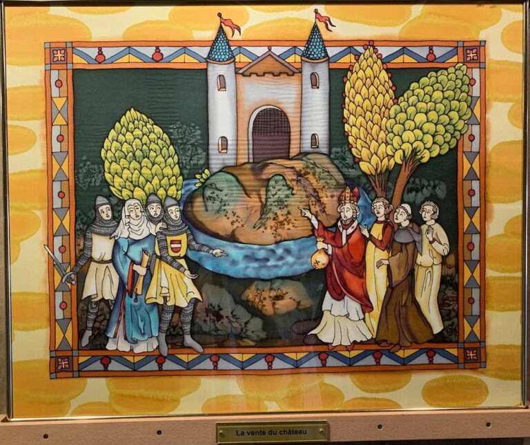 Middeleeuwse voorstelling van Godfried die zijn fort verkoopt aan de bisschop van Luik