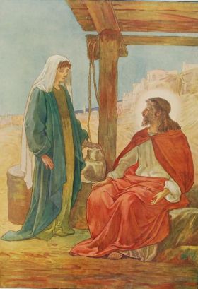 Schildering van Jezus die spreekt met een Samaritaanse vrouw bij een waterput